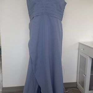 Dusty blue pleated v-neck maxi dress with front slit
